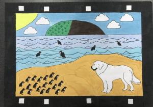 Kadr z filmu przygodowego: „Szajbus i pingwiny”. Biały owczarek i stado pingwinów w głębi australijskiego rezerwatu. Praca wykonana mazakami.